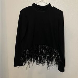 Saylor Cropped Sweater with Feather Hem Black Size M